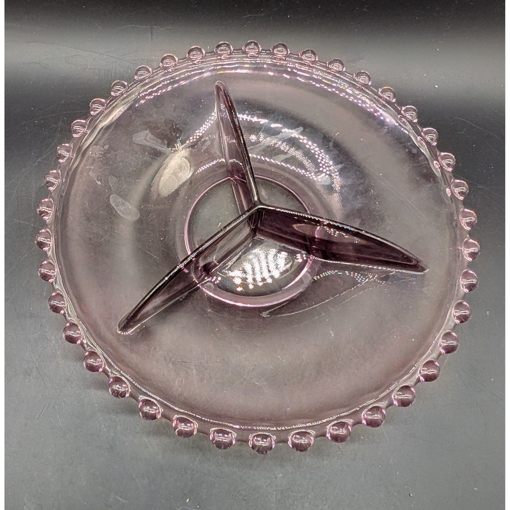 Imperial Glass Candlewick Amethyst Purple 3 Part Divided Relish Dish Beaded Edge